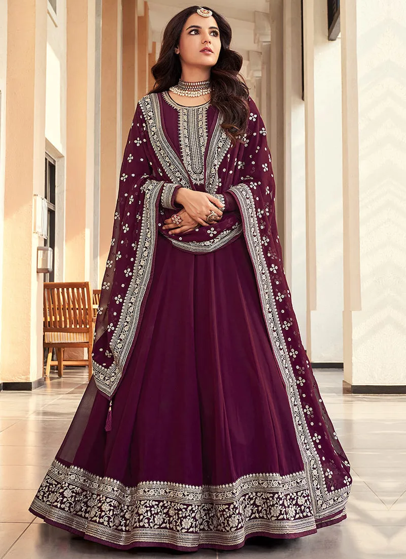 Wine Twisted Embroidery Designer Anarkali Suit