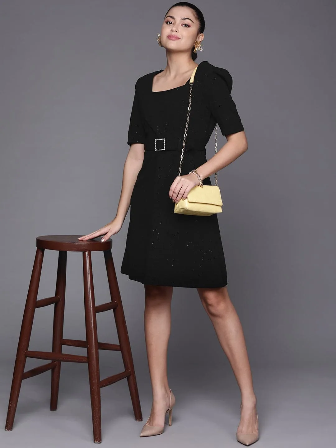 Women Black Shimmer Square Neck A-Line Belted Dress