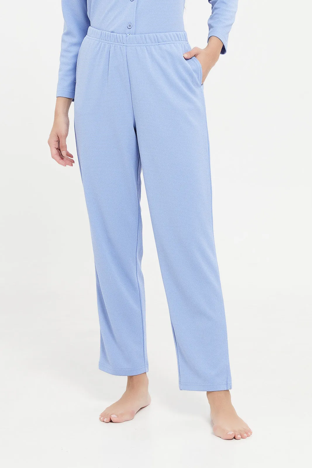 Women Blue Waffle Plain Pajama Set (2 Piece)