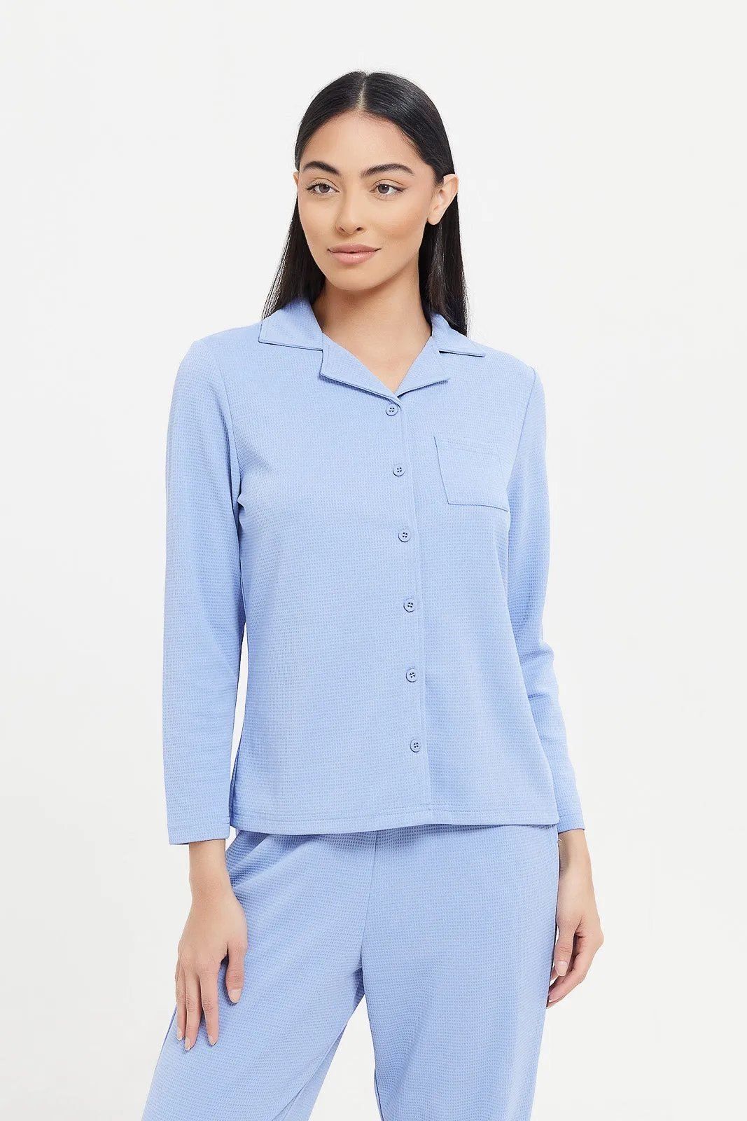 Women Blue Waffle Plain Pajama Set (2 Piece)