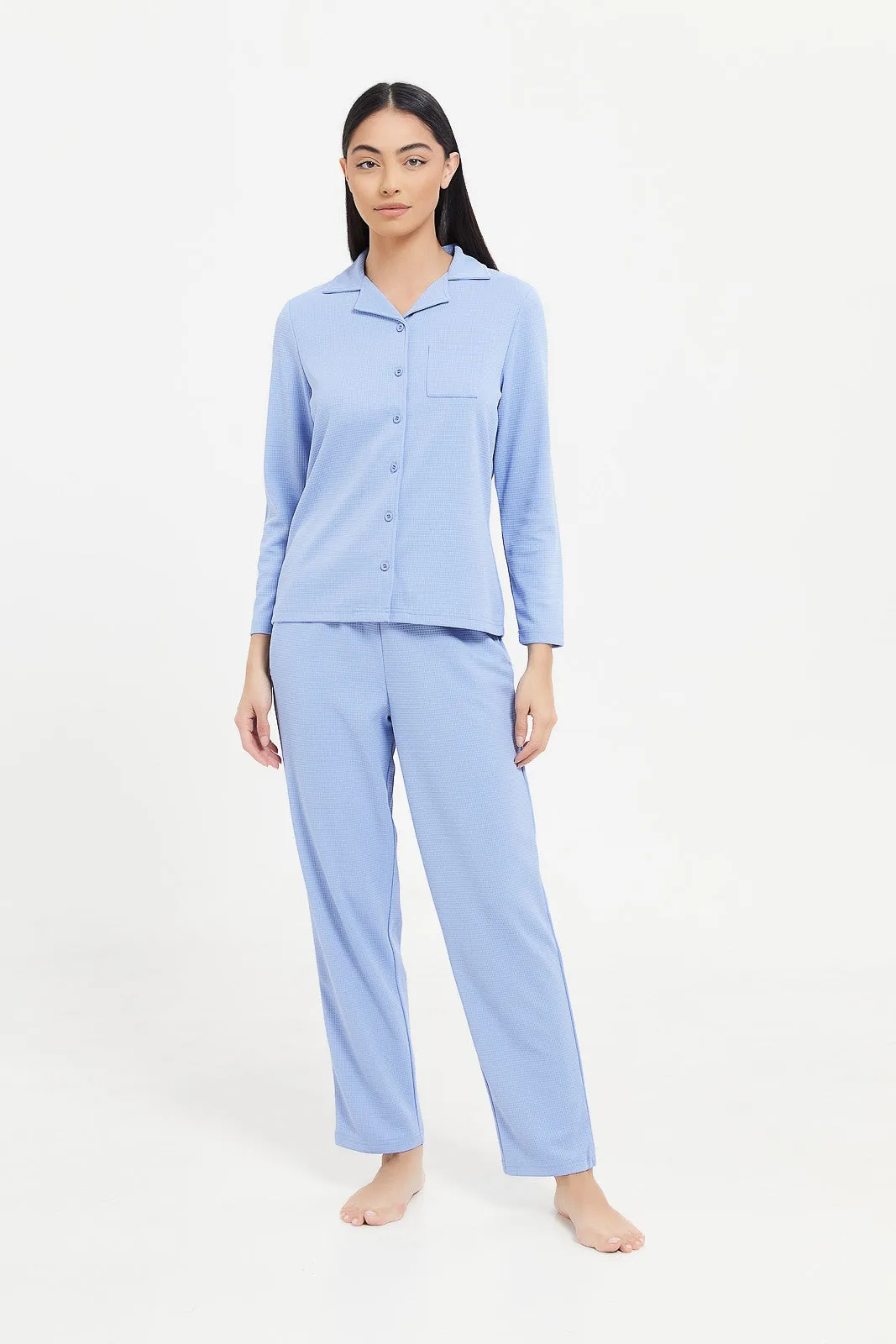 Women Blue Waffle Plain Pajama Set (2 Piece)