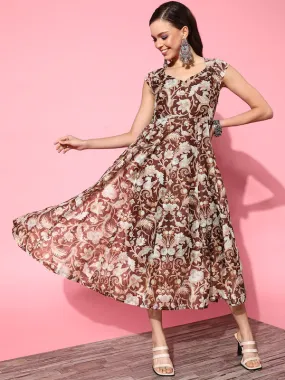 Women Brown Chanderi Floral Sweetheart Anarkali Dress