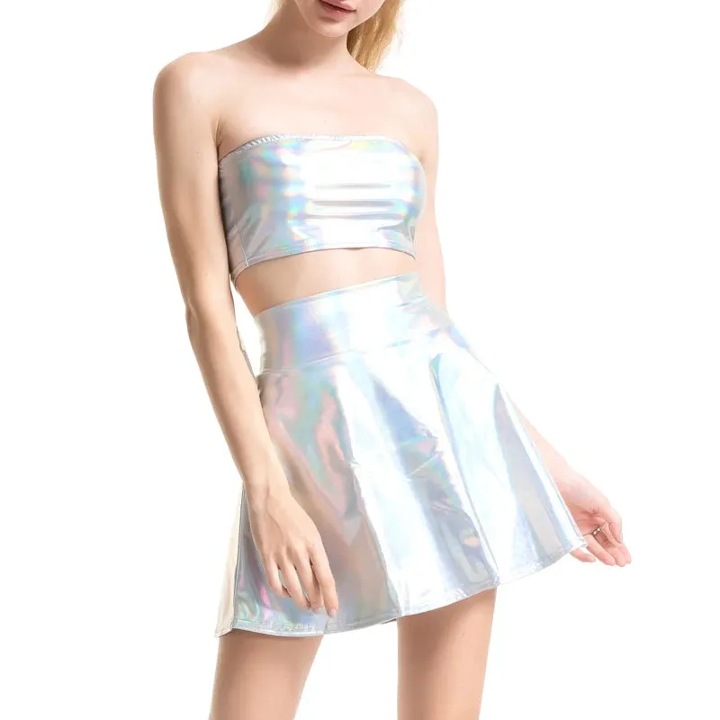 Women Co-ord Shiny Silver Holographic Tube Top Metallic Wet Look A-line Mini Skirt 2 Piece Set Clubwear Rave Festival Set