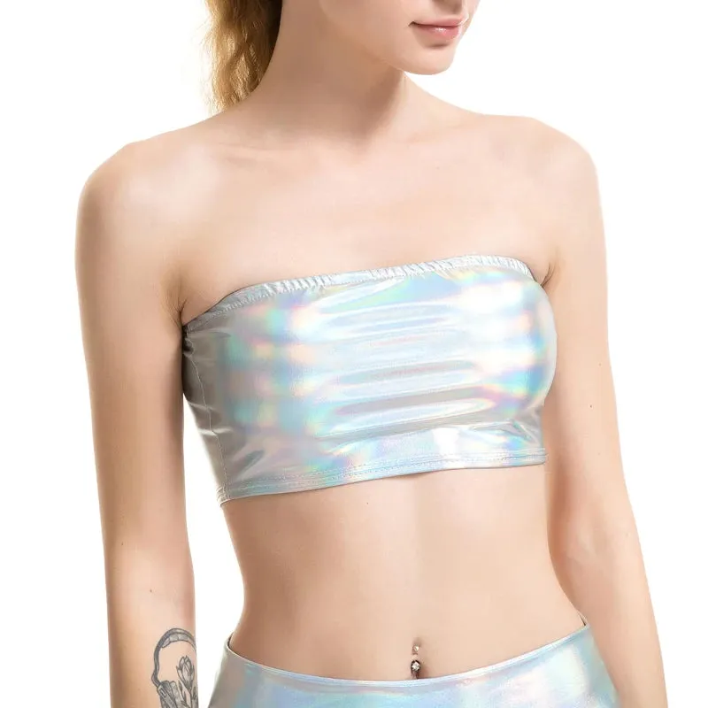 Women Co-ord Shiny Silver Holographic Tube Top Metallic Wet Look A-line Mini Skirt 2 Piece Set Clubwear Rave Festival Set