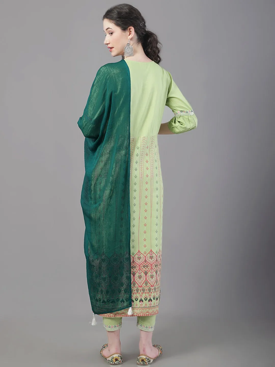 Women Floral Printed Embroidered Straight Kurta With Trousers & Dupatta