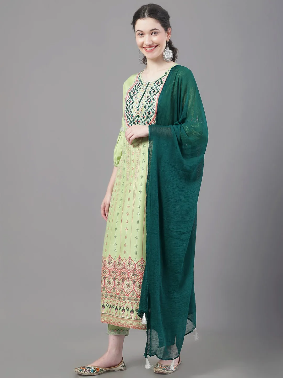 Women Floral Printed Embroidered Straight Kurta With Trousers & Dupatta