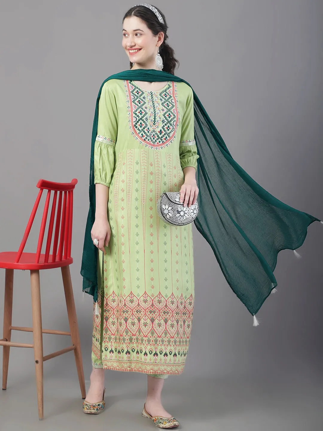 Women Floral Printed Embroidered Straight Kurta With Trousers & Dupatta