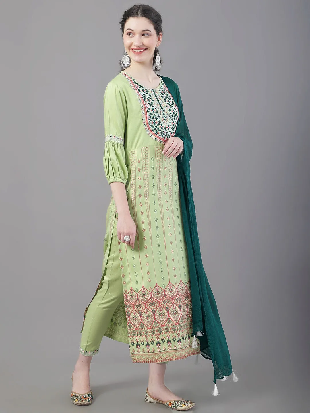 Women Floral Printed Embroidered Straight Kurta With Trousers & Dupatta