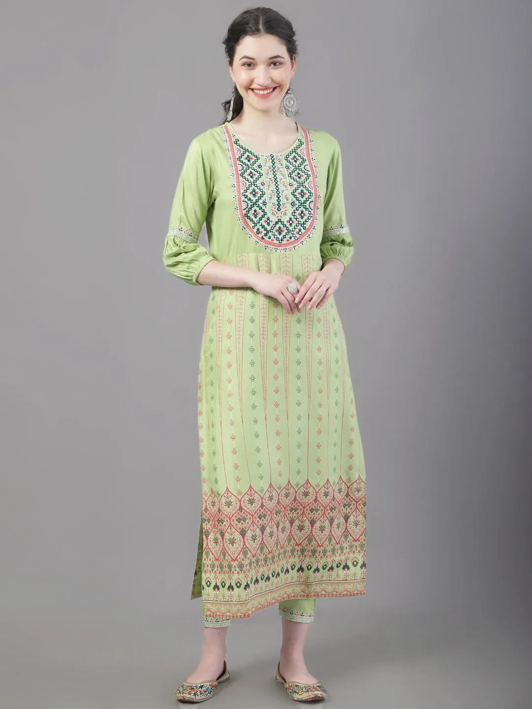 Women Floral Printed Embroidered Straight Kurta With Trousers & Dupatta