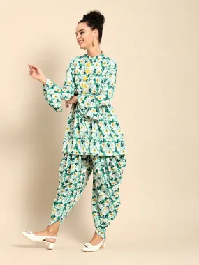 Women Green & White Printed Kurta With Dhoti Pants