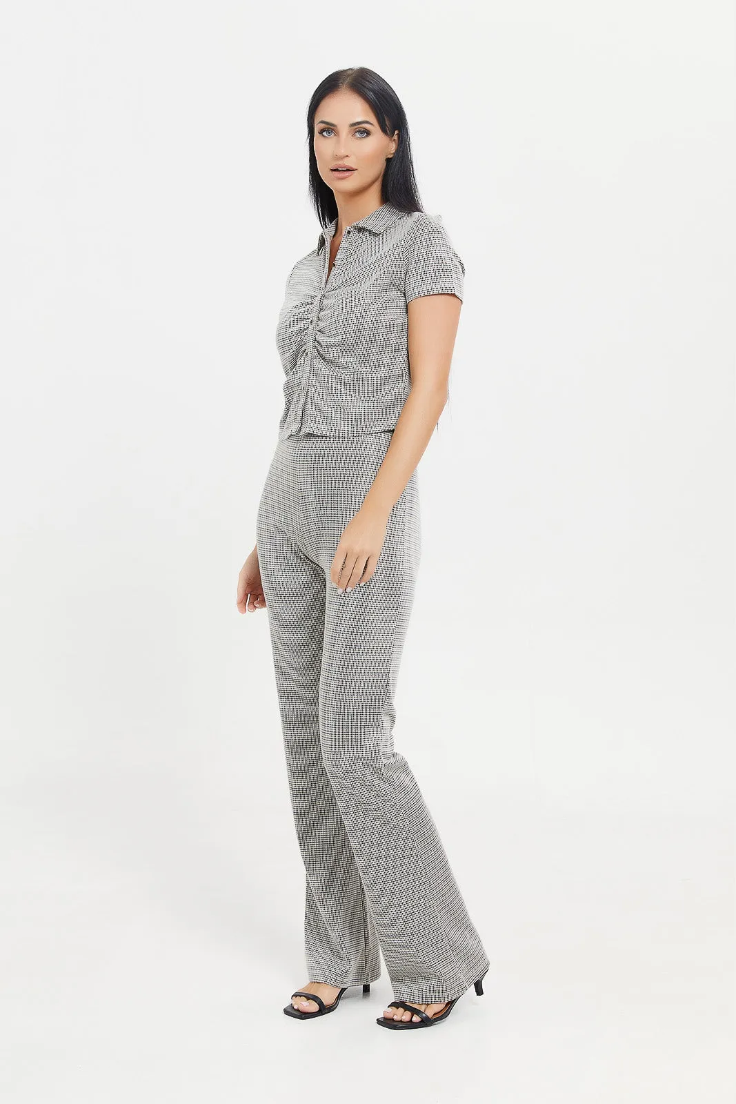 Women Grey Checkered Flare Leg Trouser