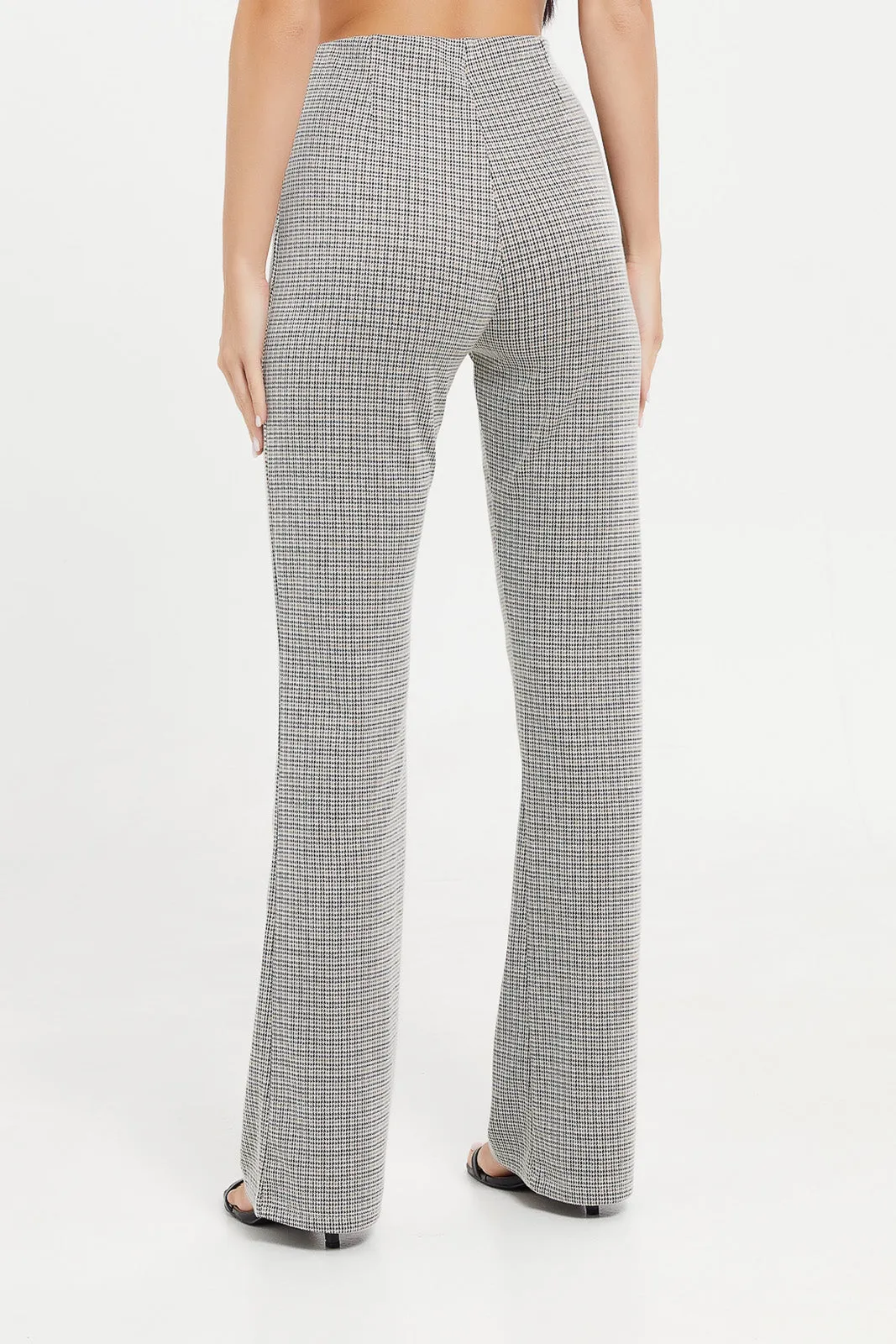 Women Grey Checkered Flare Leg Trouser