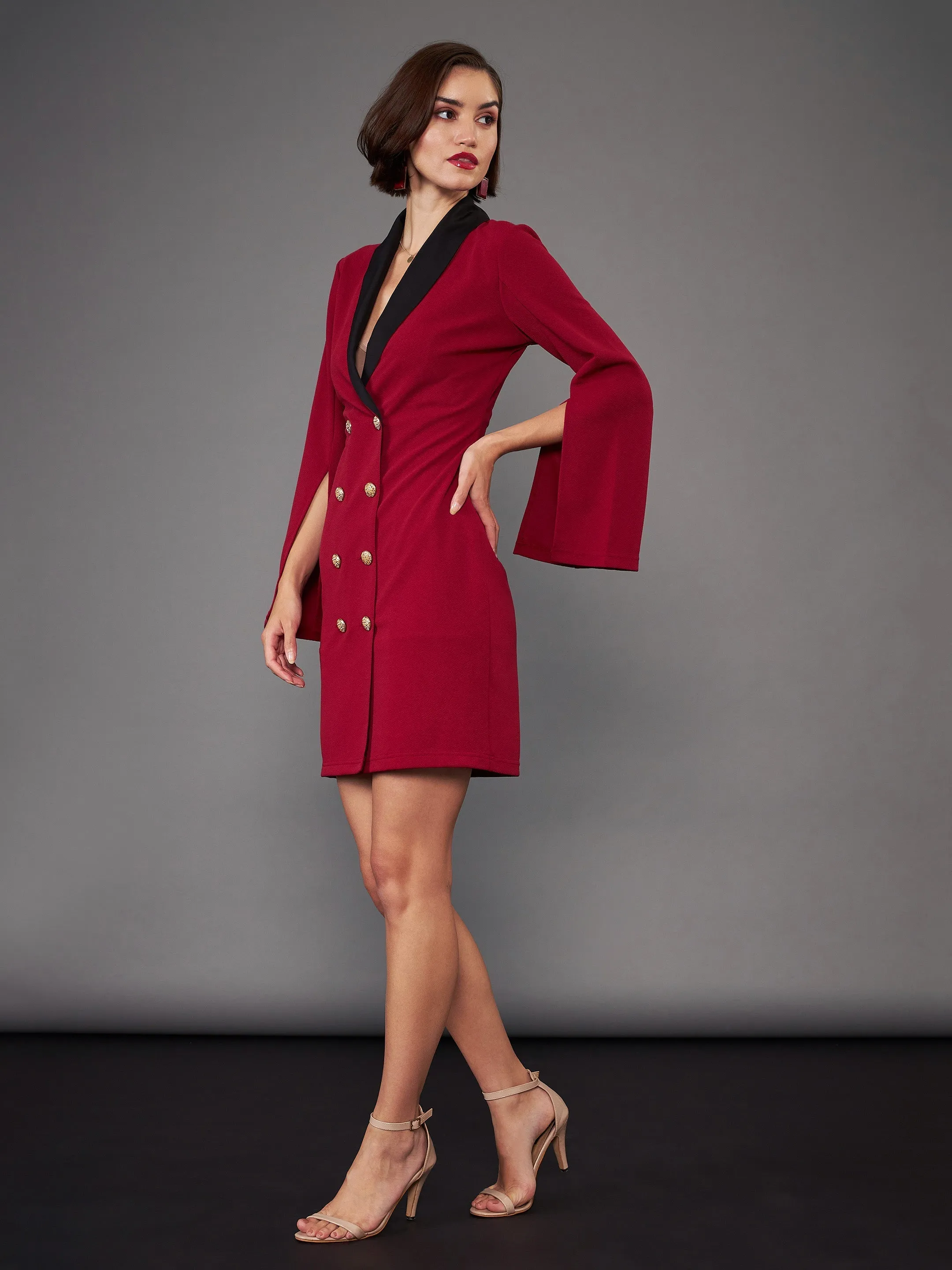 Women Maroon Cape Sleeves Blazer Dress