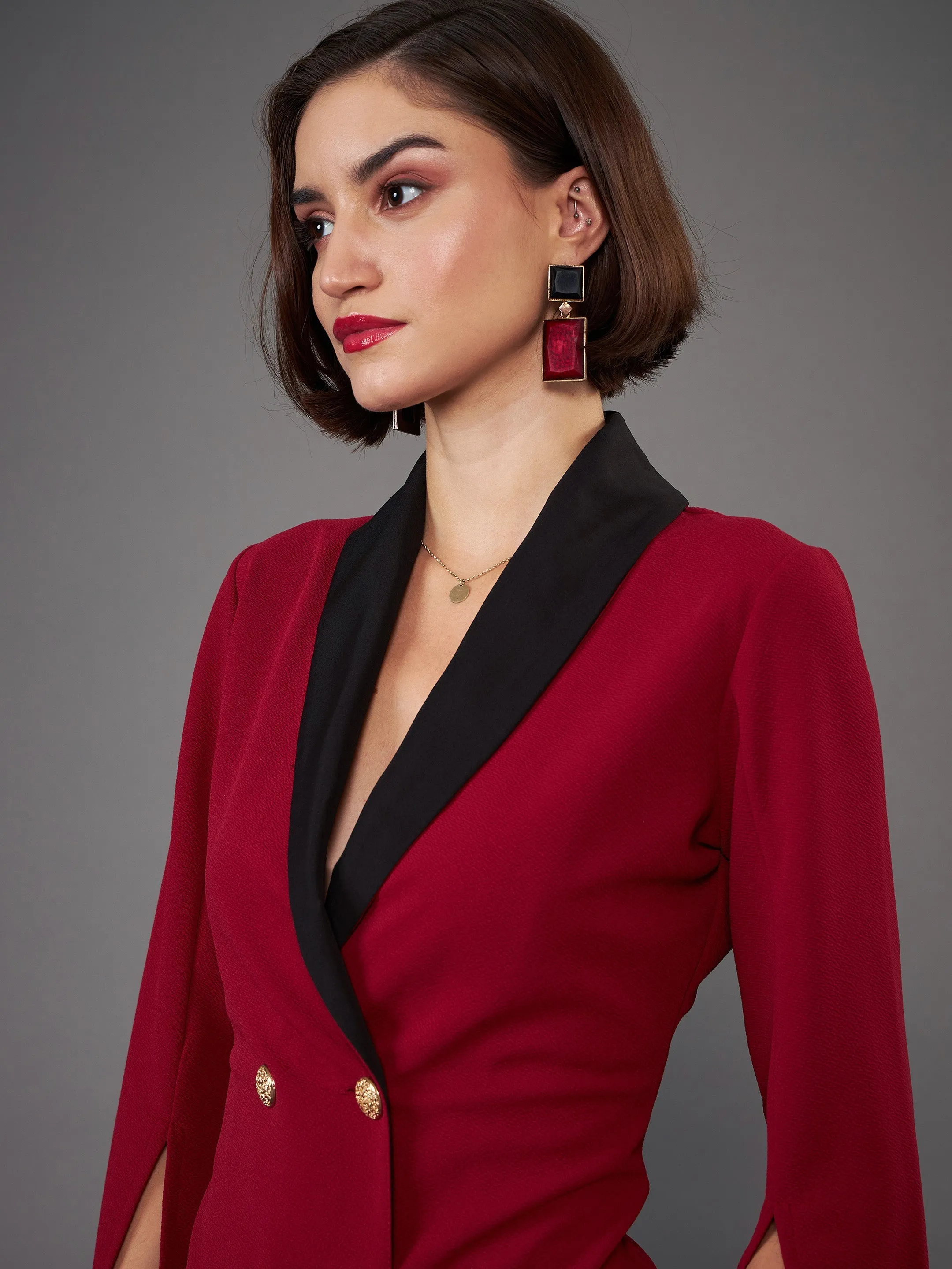 Women Maroon Cape Sleeves Blazer Dress