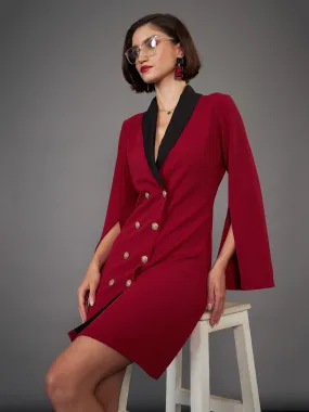 Women Maroon Cape Sleeves Blazer Dress