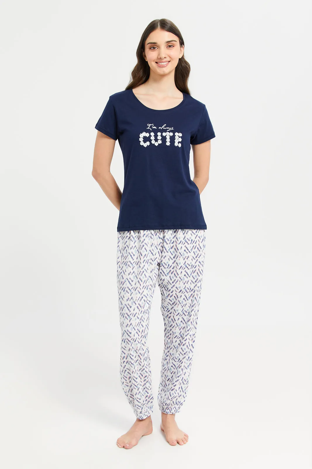 Women Navy Printed Pyjama Set (2 Piece)