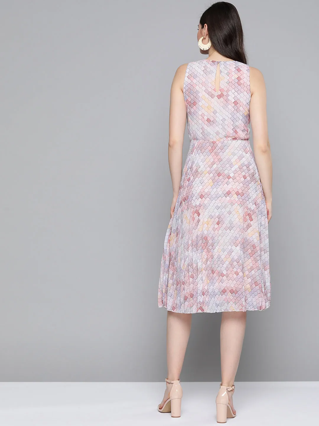 Women Peach Tile Print Pleated Midi Dress