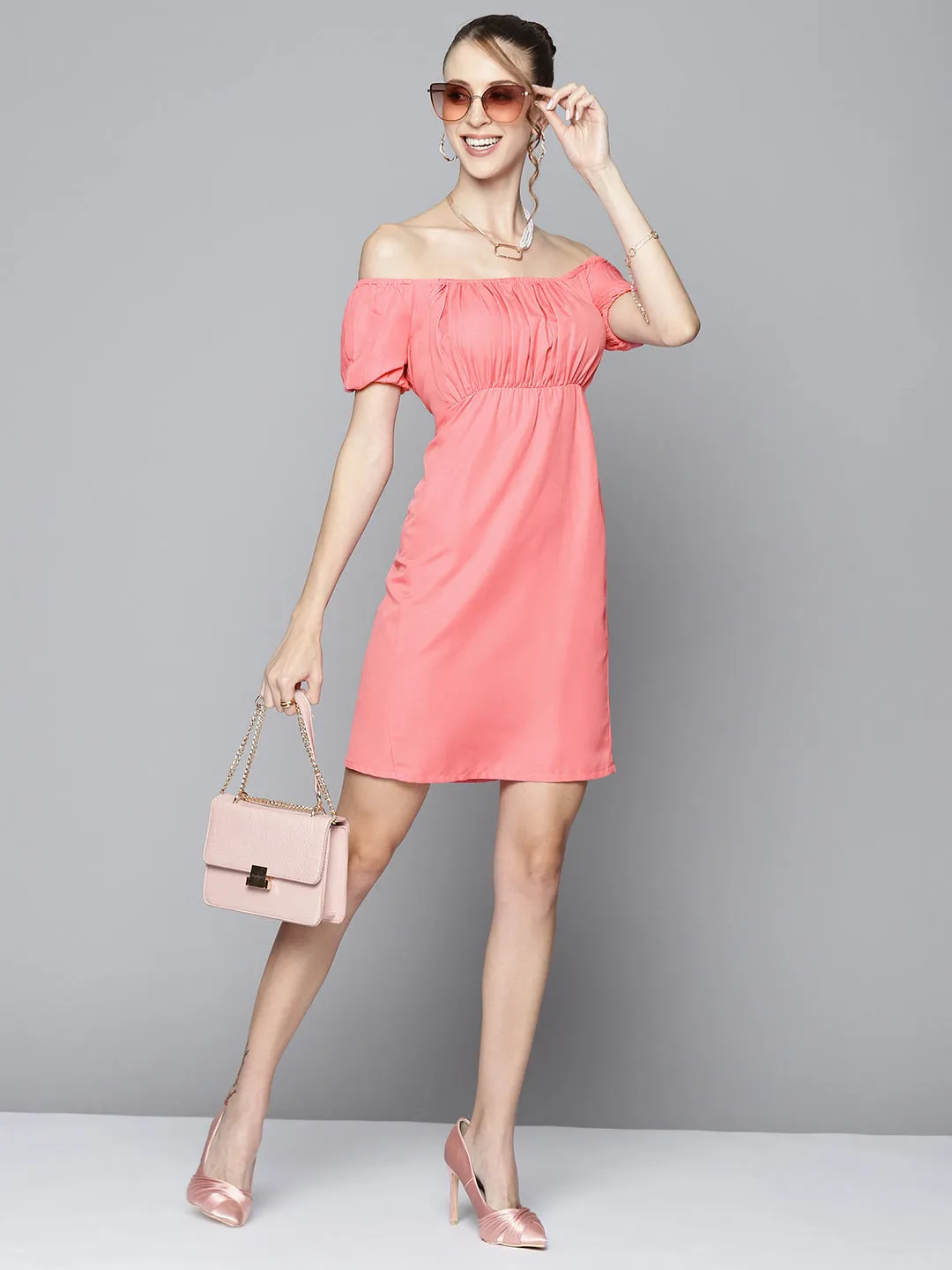 Women Pink Front Criss Cross Short Dress