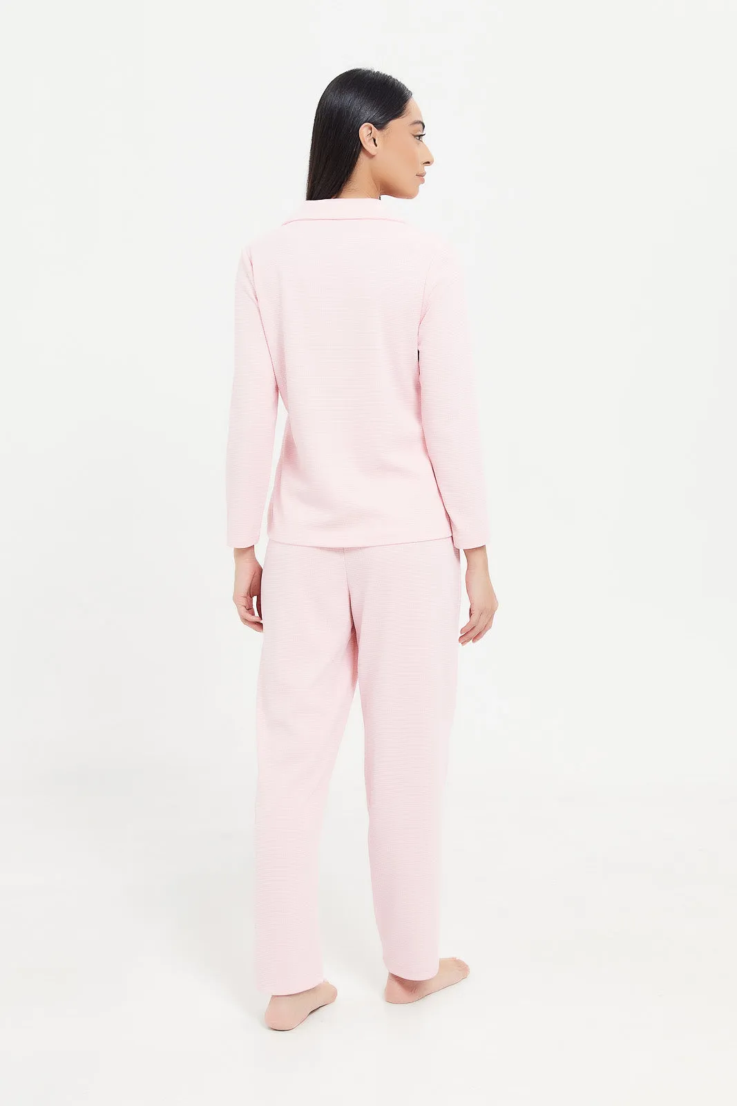 Women Pink Waffle Plain Pajama Set (2 Piece)