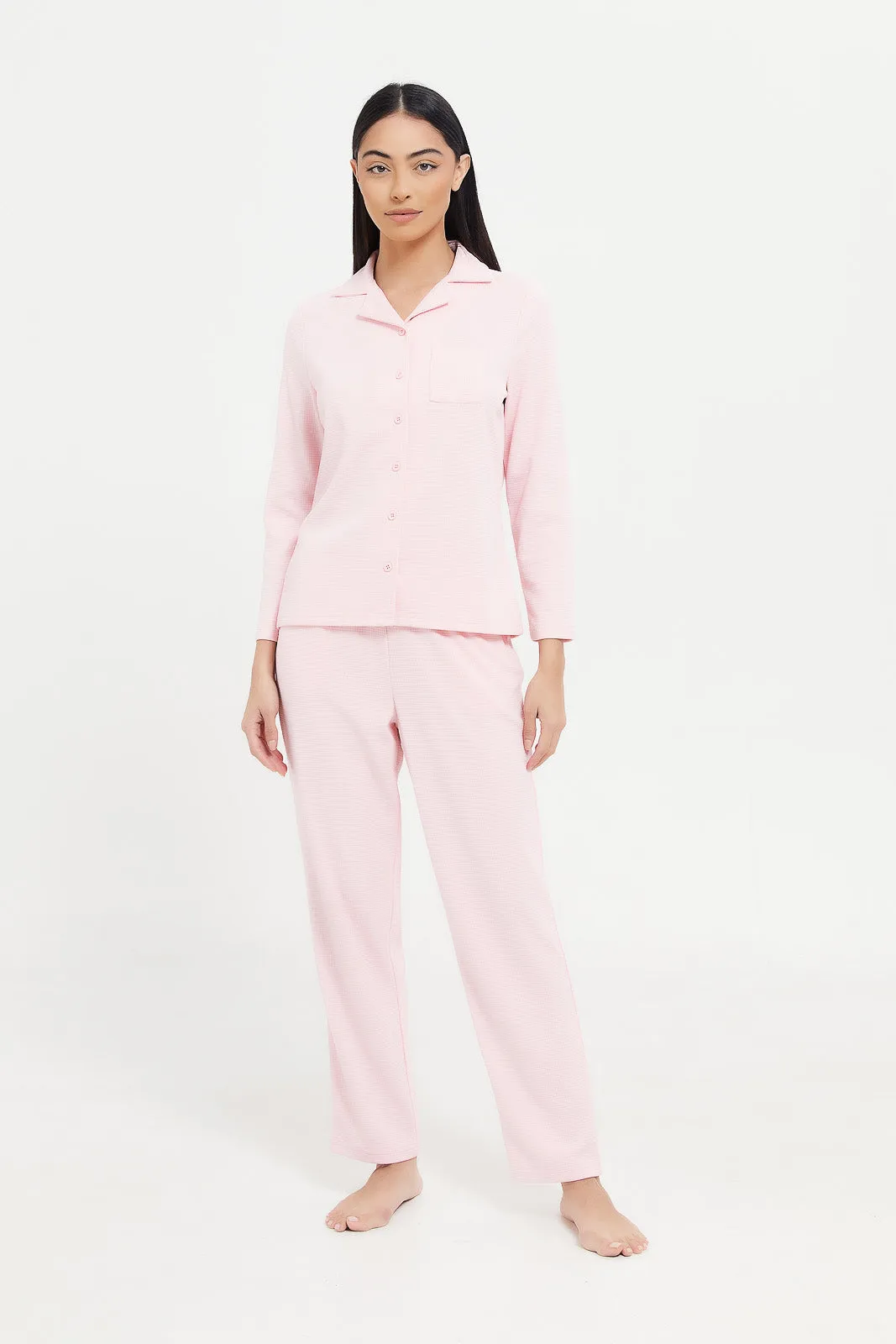 Women Pink Waffle Plain Pajama Set (2 Piece)