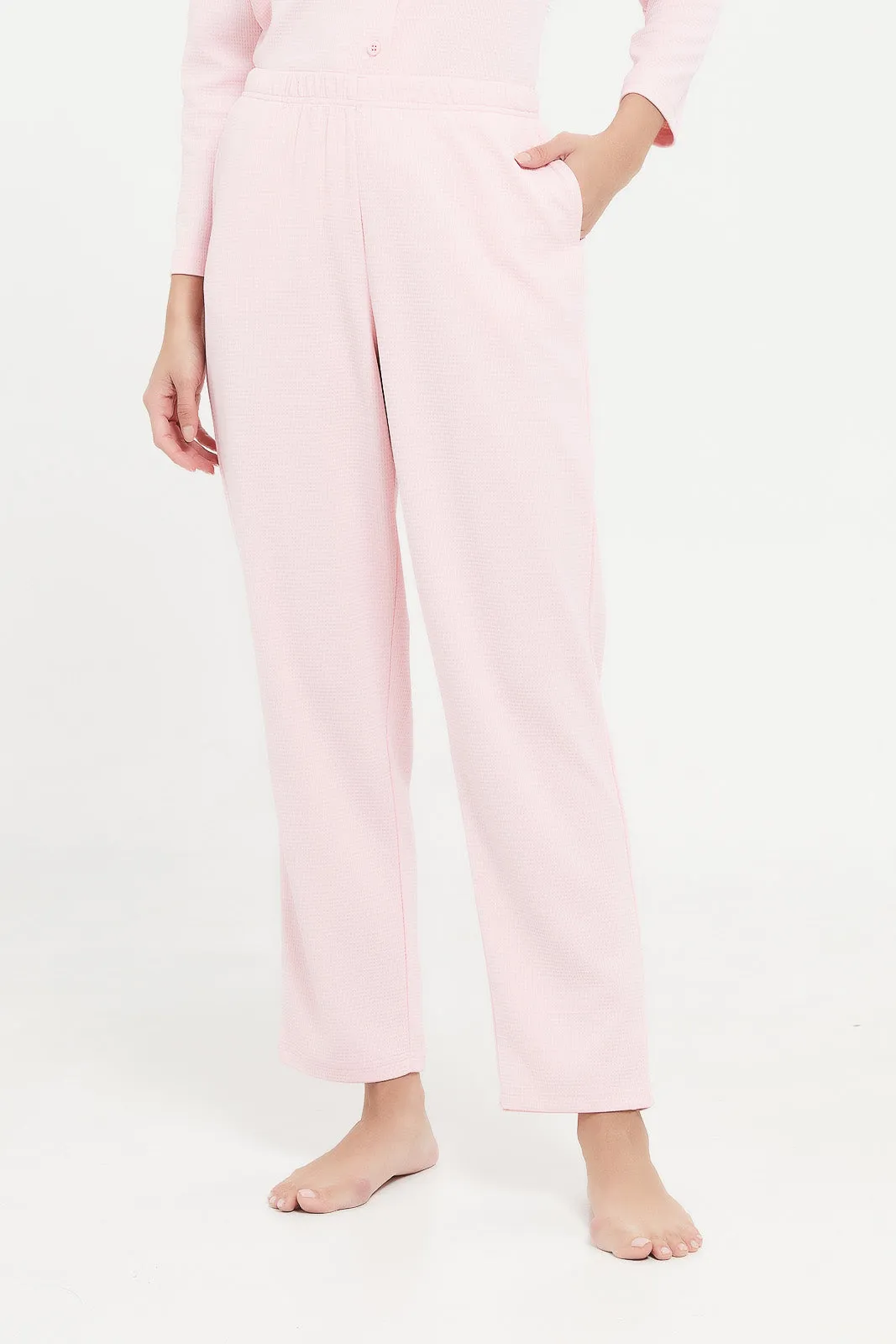 Women Pink Waffle Plain Pajama Set (2 Piece)