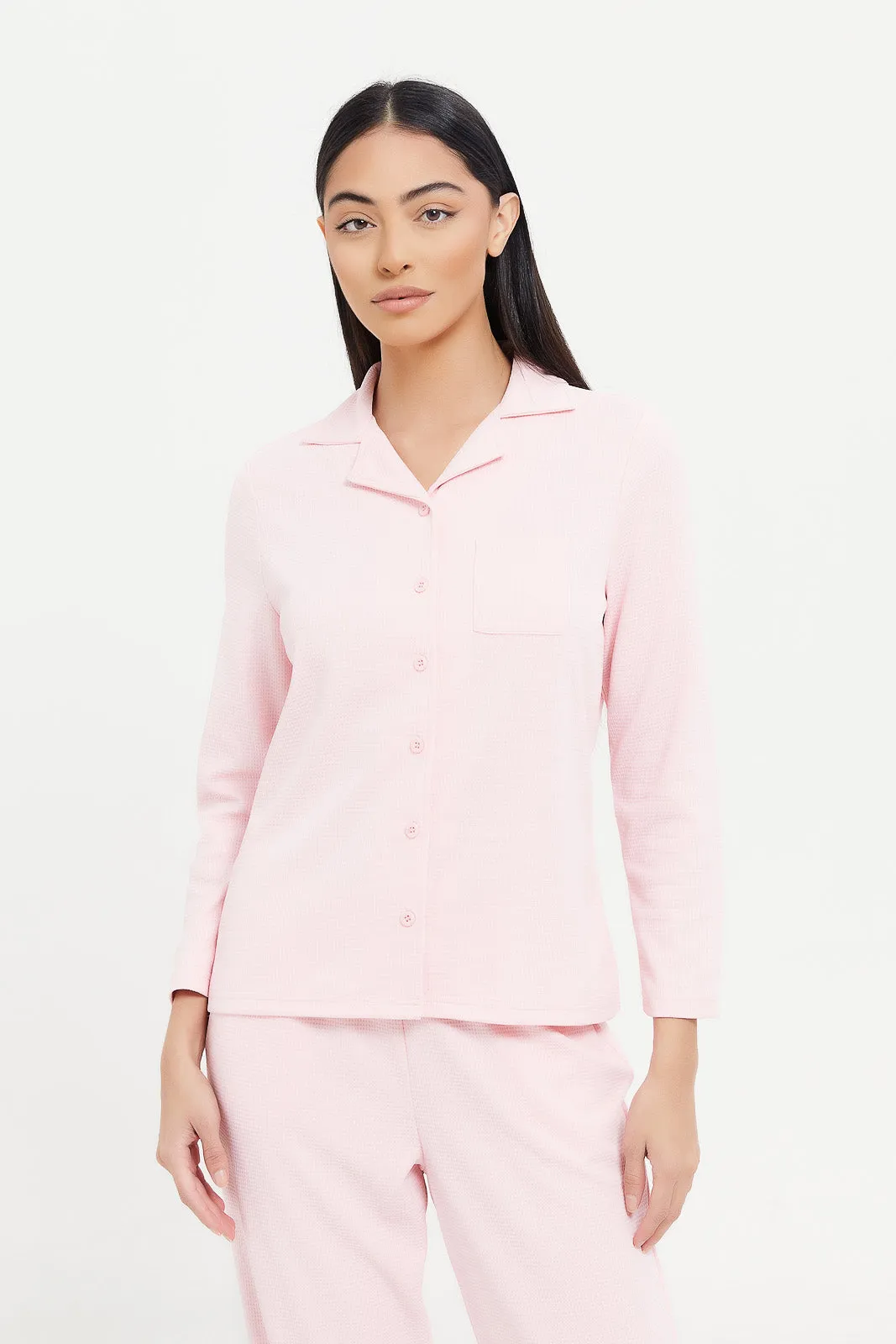 Women Pink Waffle Plain Pajama Set (2 Piece)