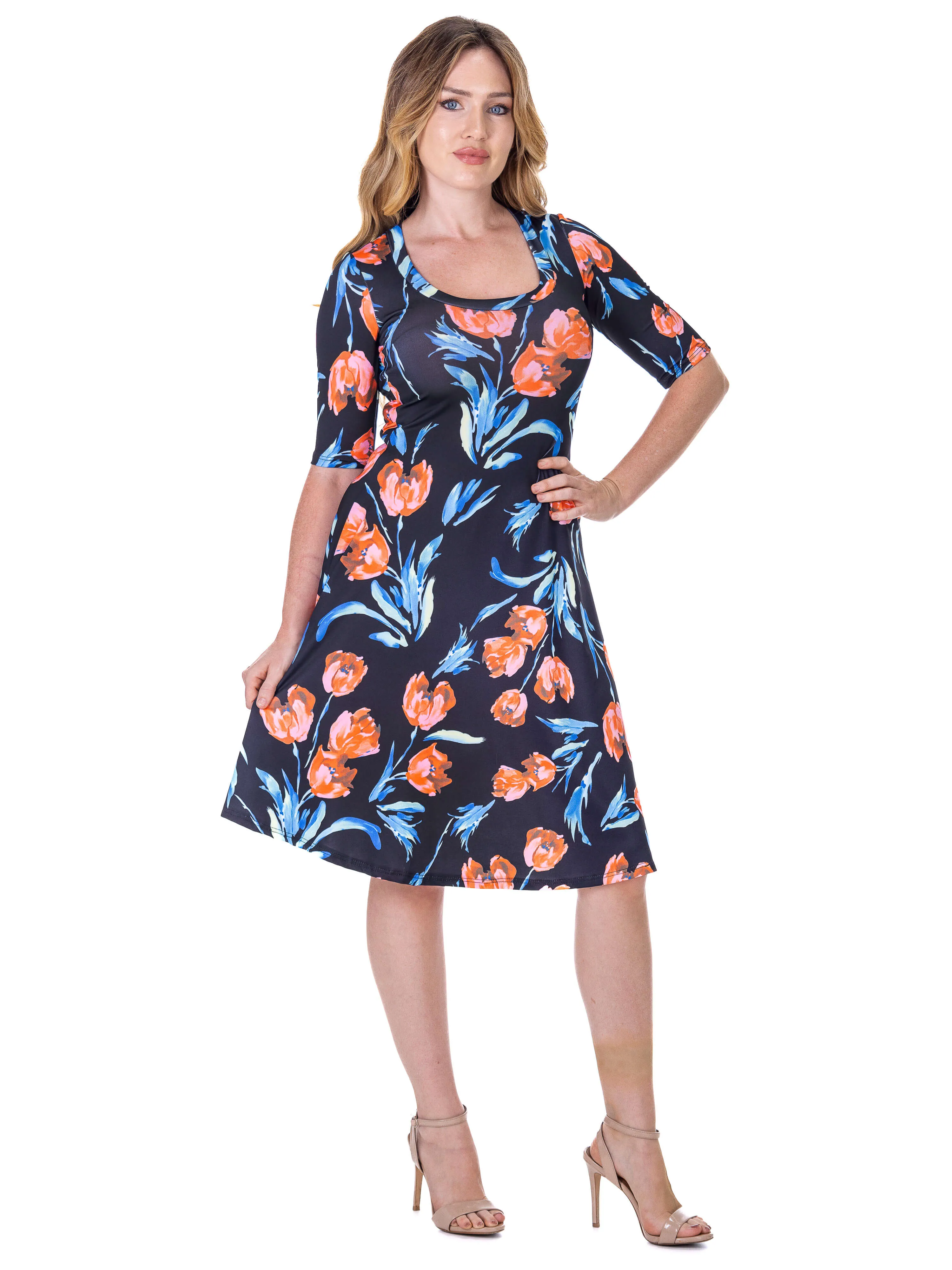 Womens Black Floral Print Elbow Sleeve Knee Length Dress