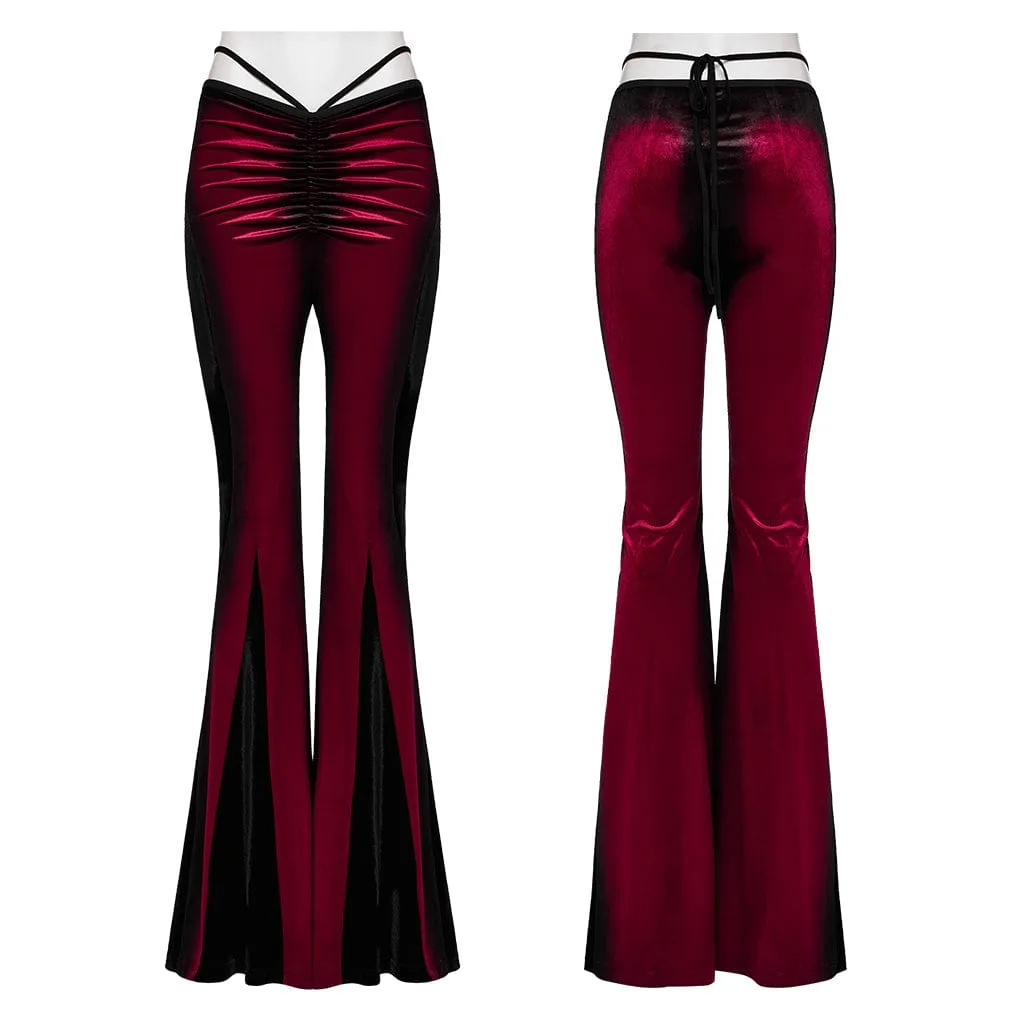 Women's Gothic Contrast Color Drawstring Velvet Flared Pants Red