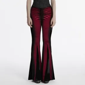 Women's Gothic Contrast Color Drawstring Velvet Flared Pants Red