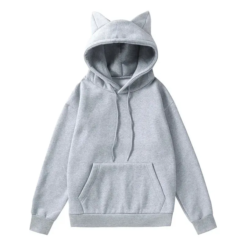 Women's Solid Sweatshirt Pullovers with Cat Ears/Loose Hoodies