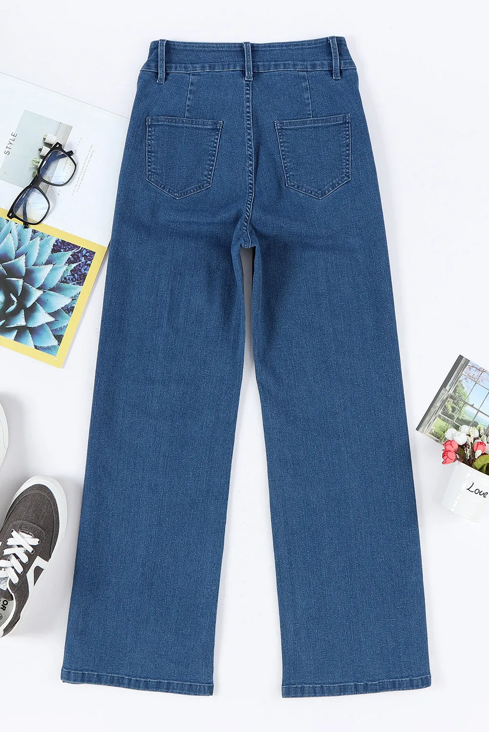 Womens Wide Leg Jeans Casual Baggy High Waisted Stretch Denim Pants