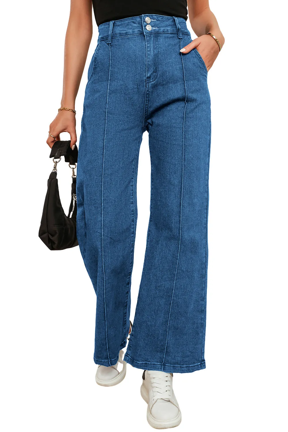 Womens Wide Leg Jeans Casual Baggy High Waisted Stretch Denim Pants