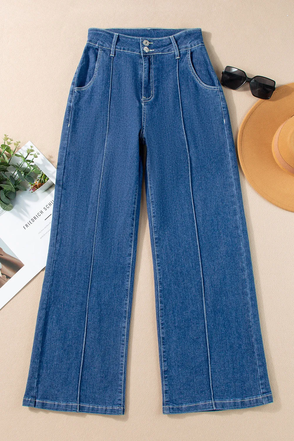 Womens Wide Leg Jeans Casual Baggy High Waisted Stretch Denim Pants