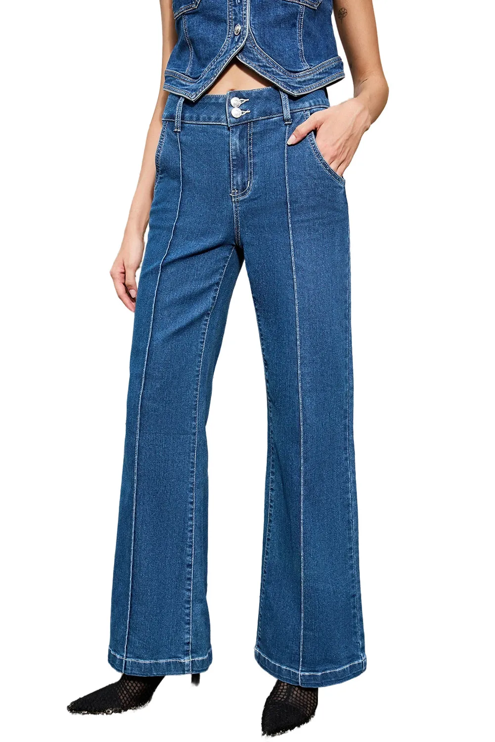 Womens Wide Leg Jeans Casual Baggy High Waisted Stretch Denim Pants