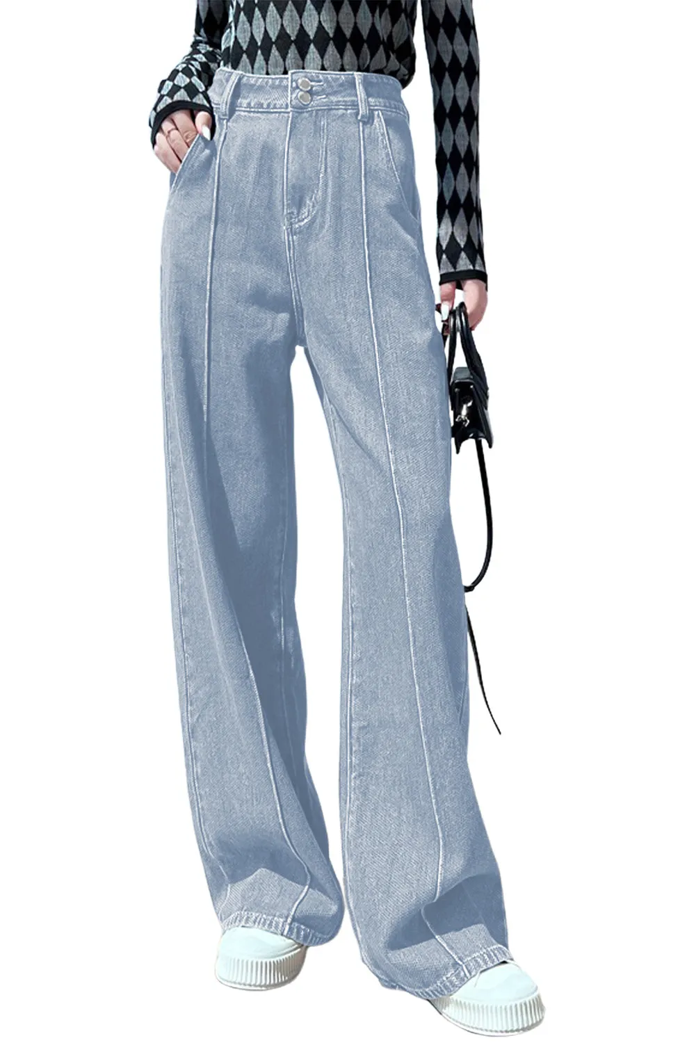 Womens Wide Leg Jeans Casual Baggy High Waisted Stretch Denim Pants