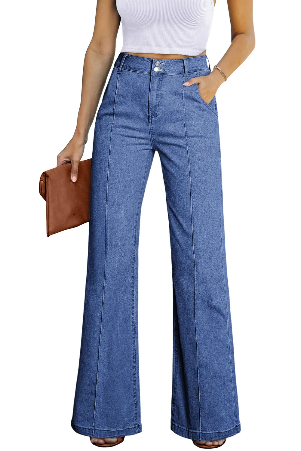 Womens Wide Leg Jeans Casual Baggy High Waisted Stretch Denim Pants