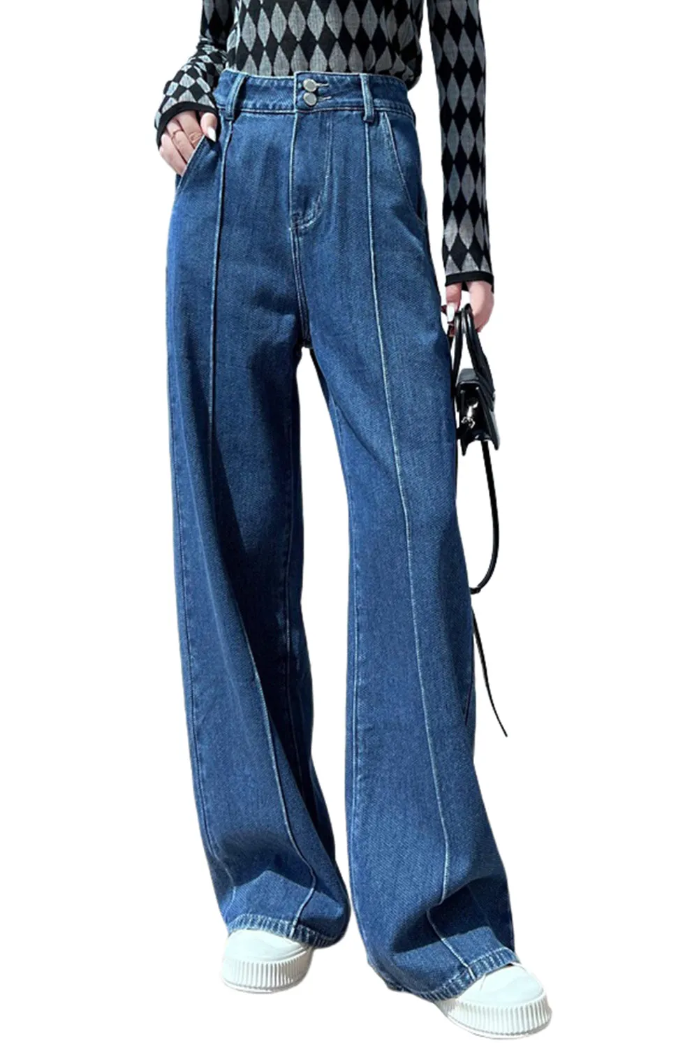 Womens Wide Leg Jeans Casual Baggy High Waisted Stretch Denim Pants