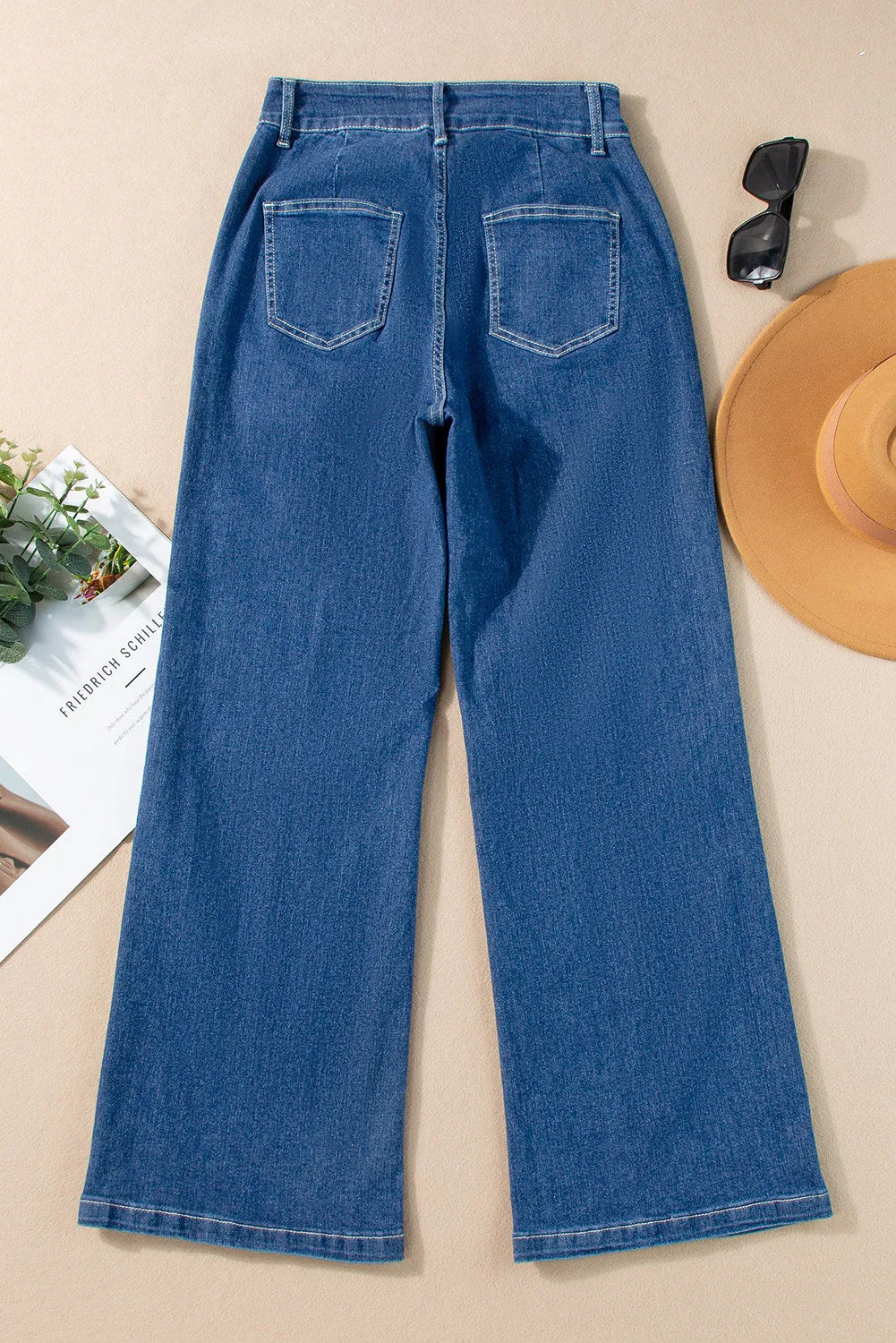 Womens Wide Leg Jeans Casual Baggy High Waisted Stretch Denim Pants