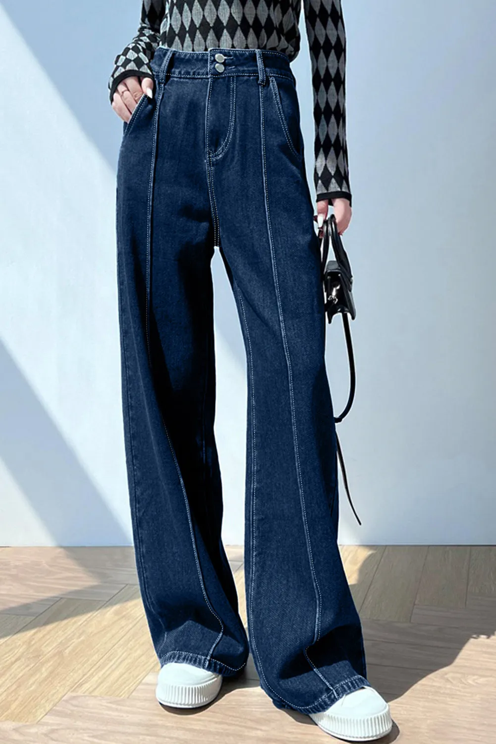 Womens Wide Leg Jeans Casual Baggy High Waisted Stretch Denim Pants