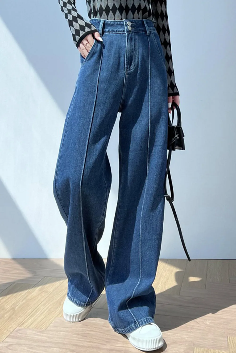 Womens Wide Leg Jeans Casual Baggy High Waisted Stretch Denim Pants