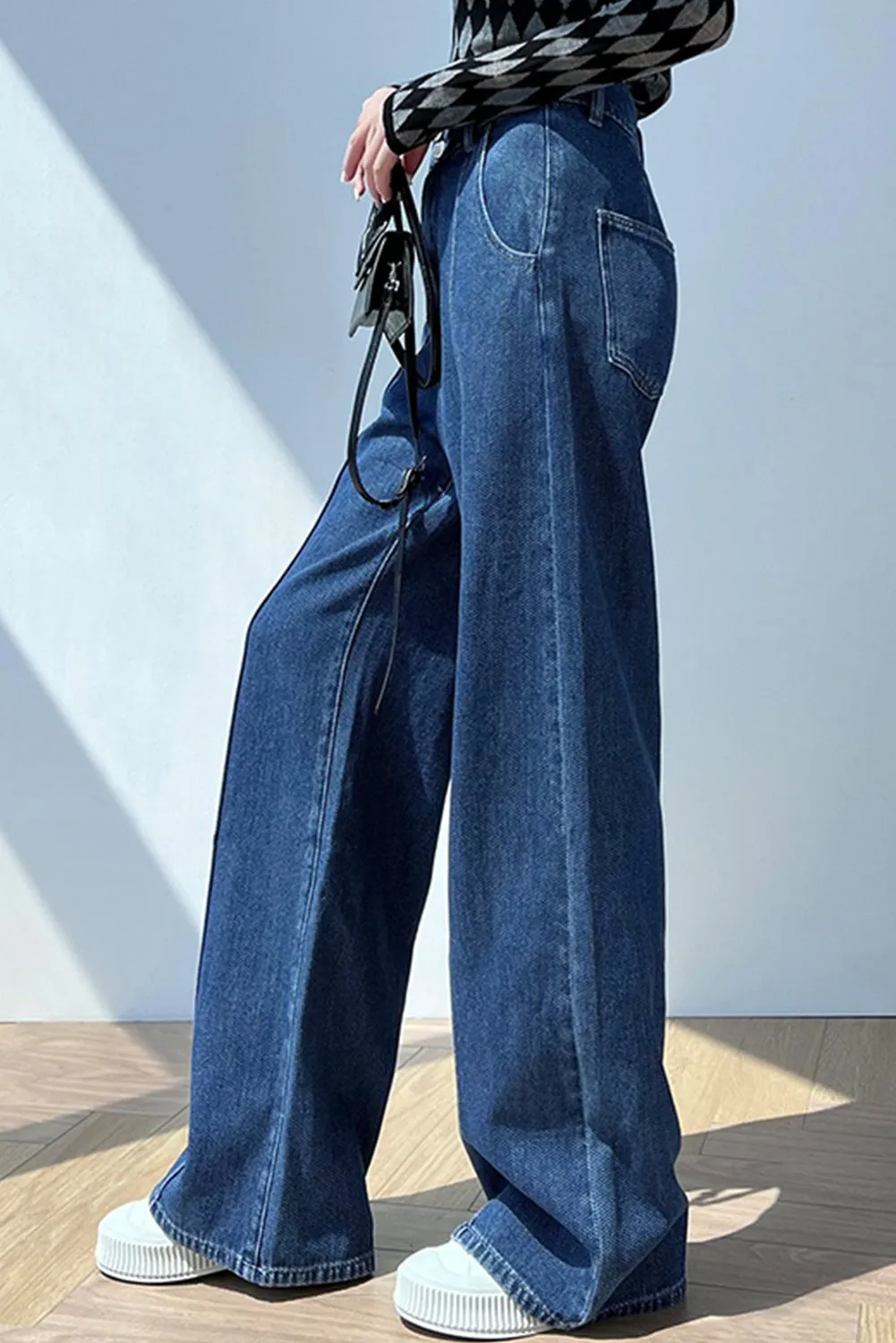 Womens Wide Leg Jeans Casual Baggy High Waisted Stretch Denim Pants