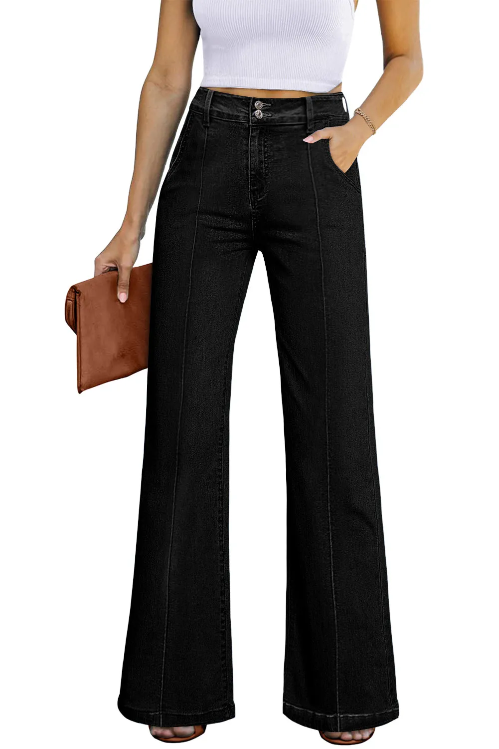 Womens Wide Leg Jeans Casual Baggy High Waisted Stretch Denim Pants