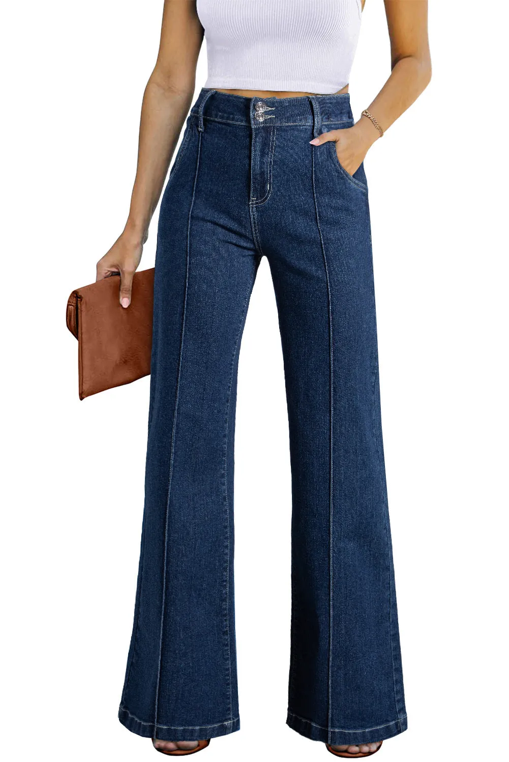 Womens Wide Leg Jeans Casual Baggy High Waisted Stretch Denim Pants