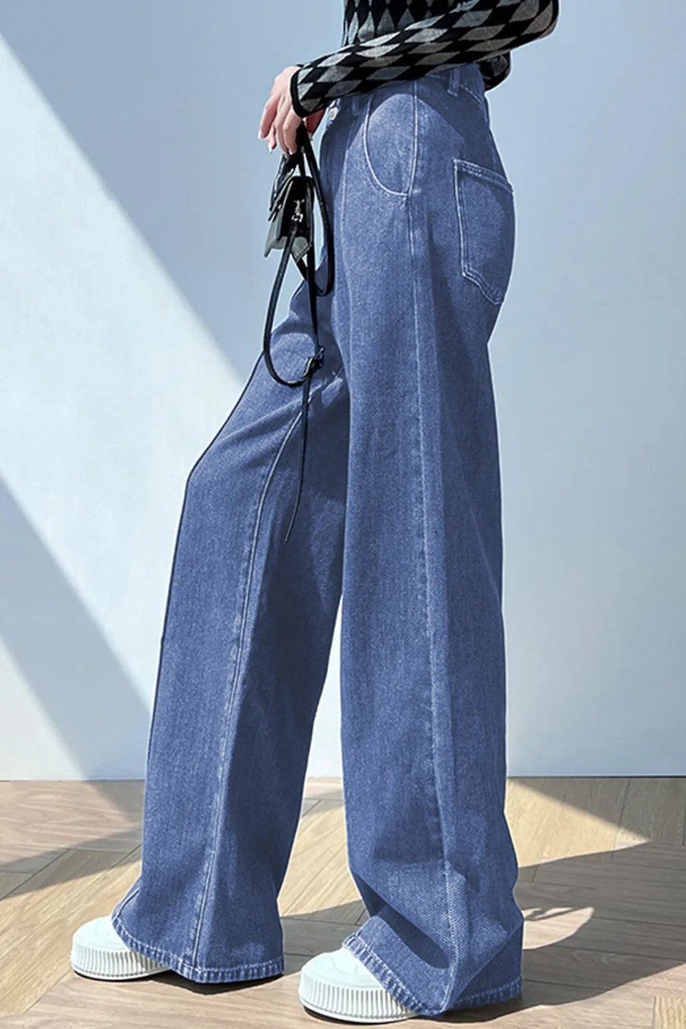 Womens Wide Leg Jeans Casual Baggy High Waisted Stretch Denim Pants