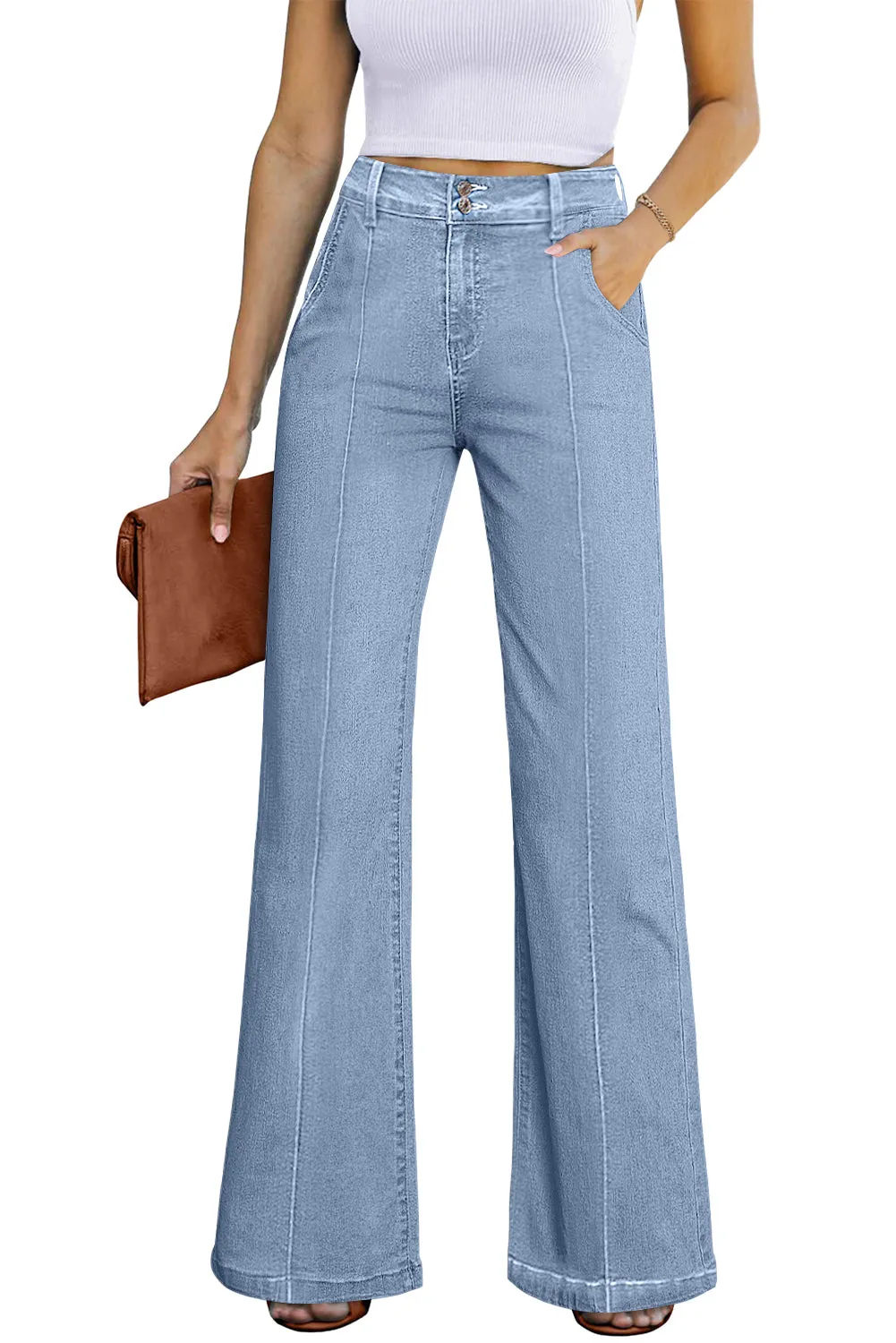 Womens Wide Leg Jeans Casual Baggy High Waisted Stretch Denim Pants