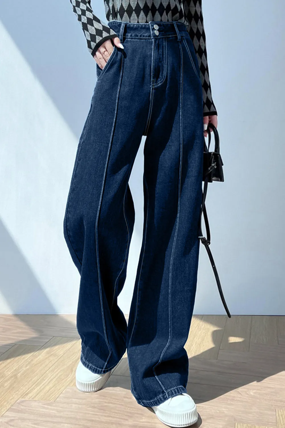 Womens Wide Leg Jeans Casual Baggy High Waisted Stretch Denim Pants