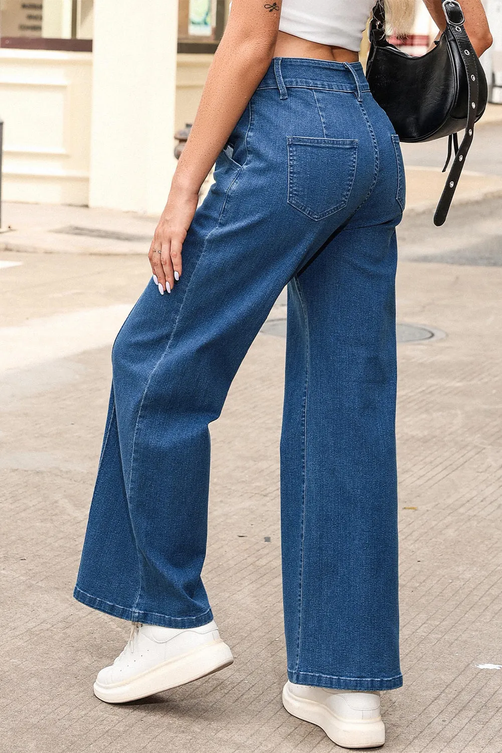 Womens Wide Leg Jeans Casual Baggy High Waisted Stretch Denim Pants