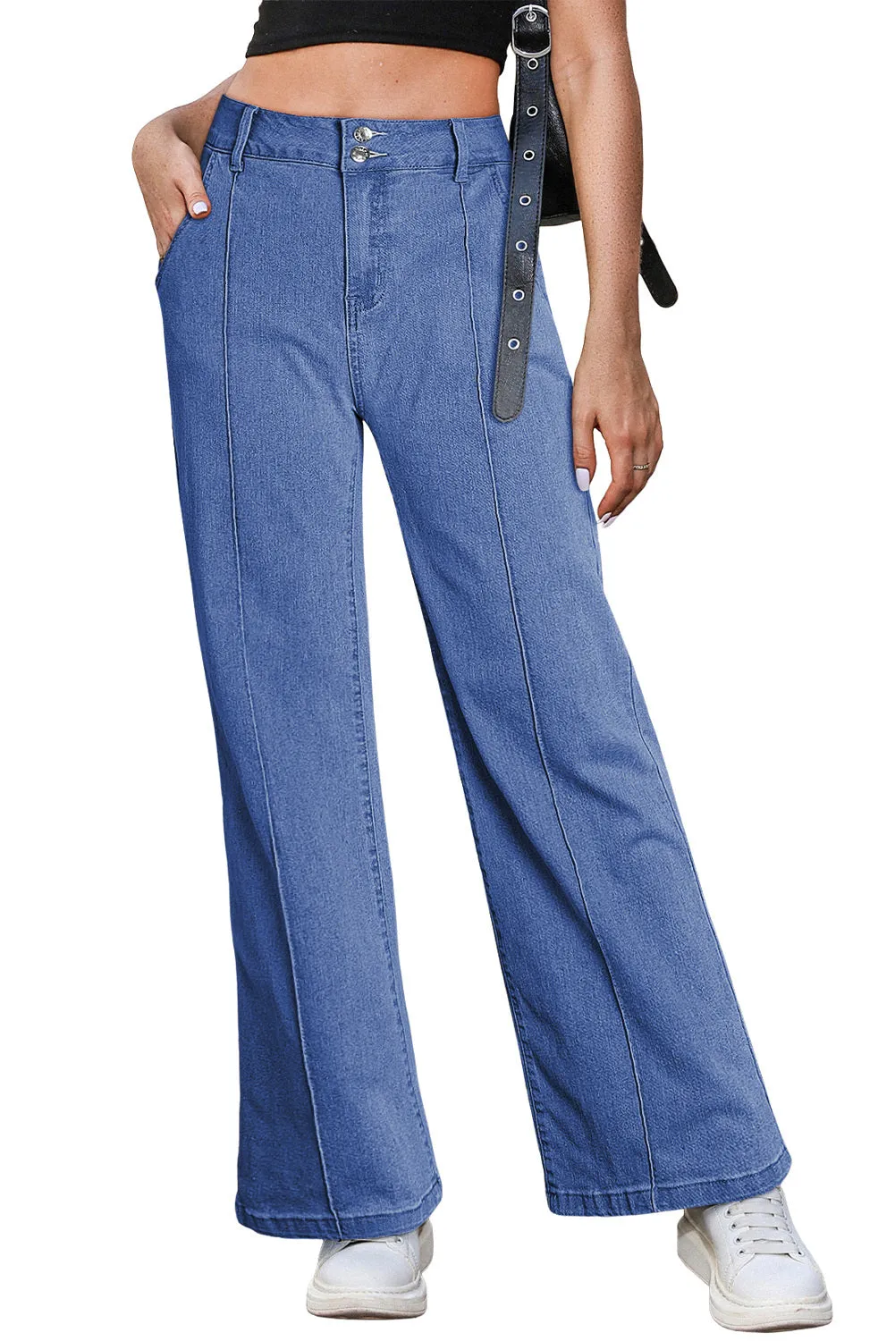 Womens Wide Leg Jeans Casual Baggy High Waisted Stretch Denim Pants