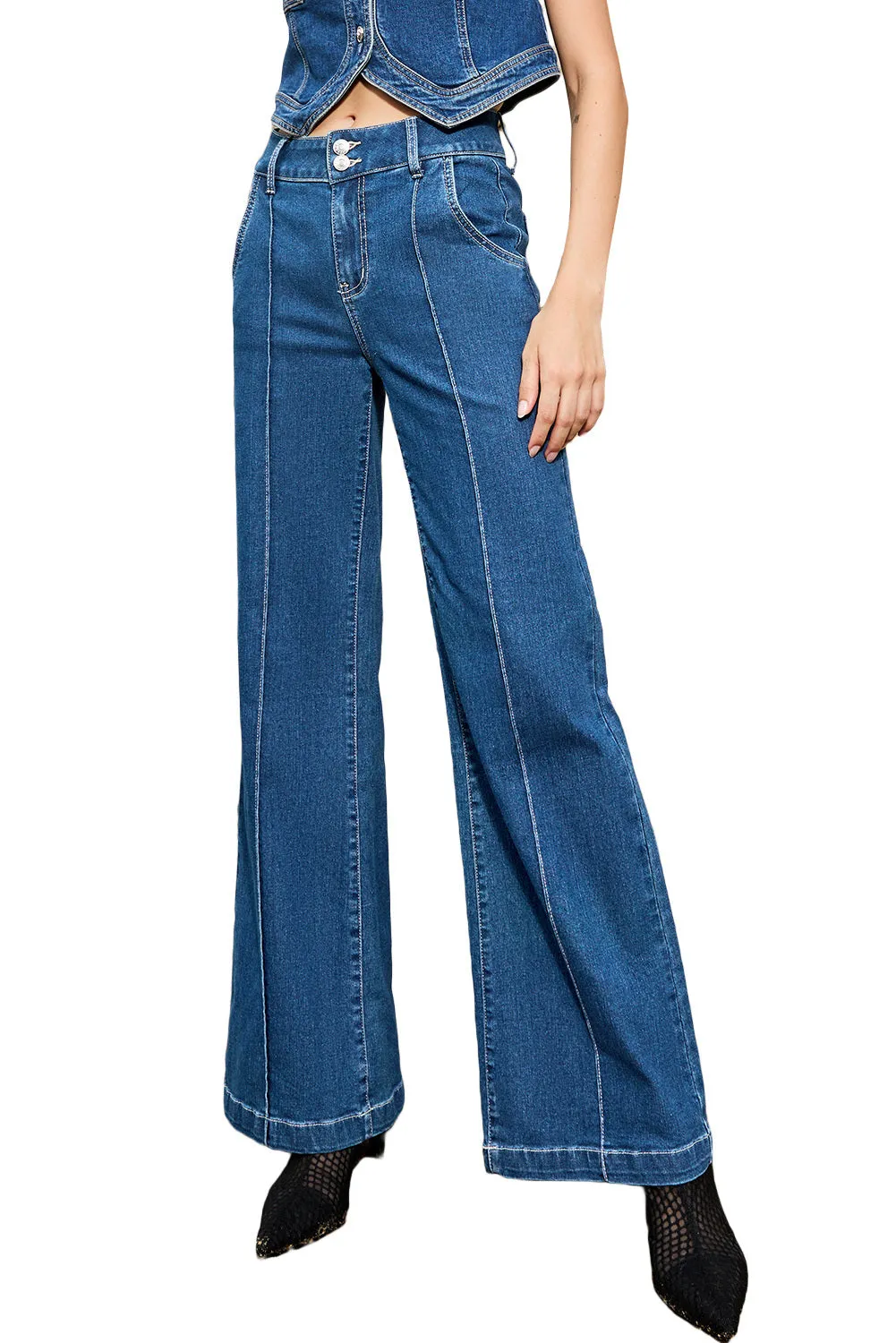 Womens Wide Leg Jeans Casual Baggy High Waisted Stretch Denim Pants