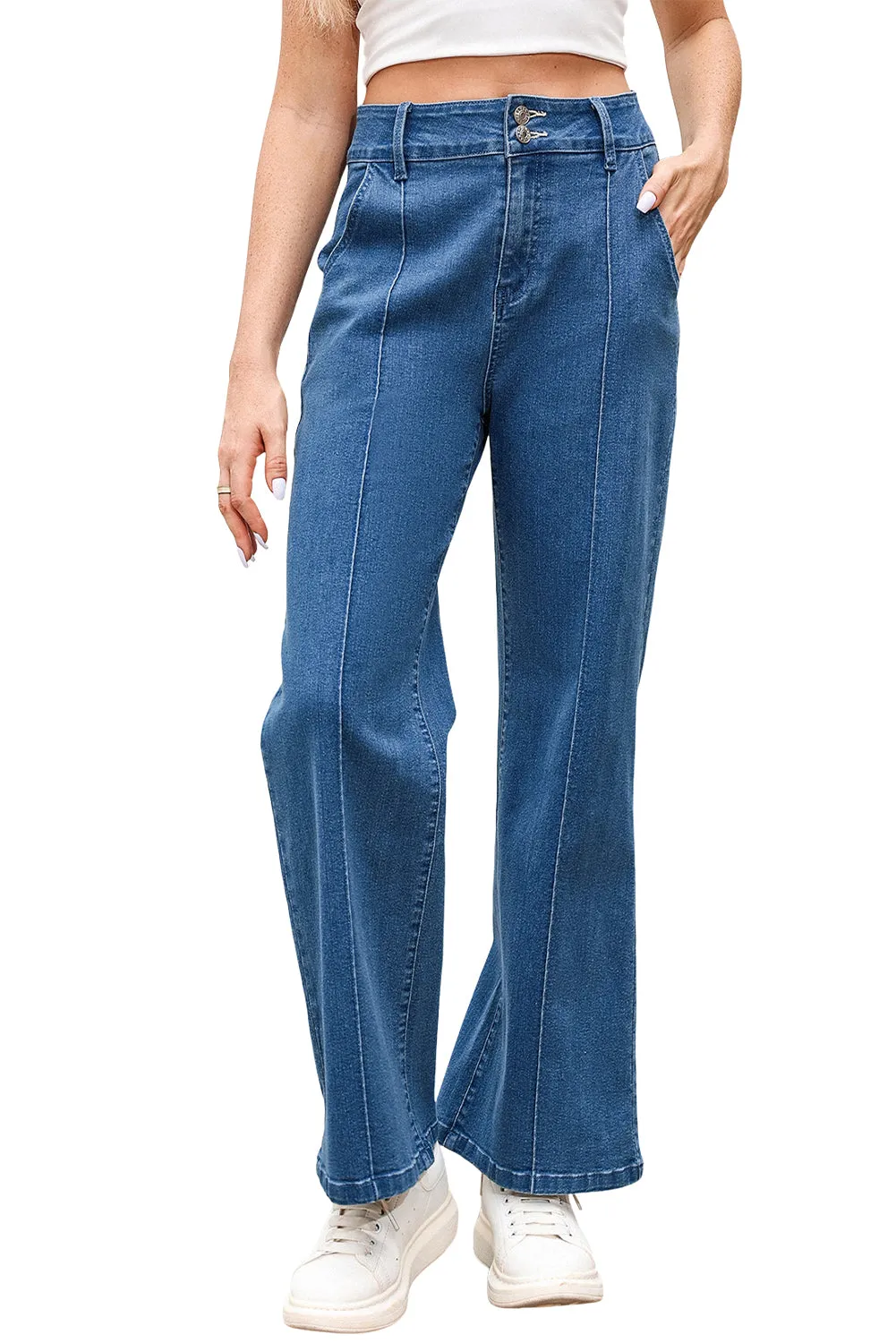 Womens Wide Leg Jeans Casual Baggy High Waisted Stretch Denim Pants